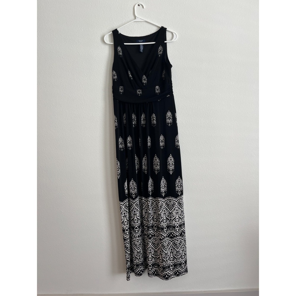 Chaps Maxi Dress Womens Medium Black Stretch Paisley Print Wrap V Neck Party